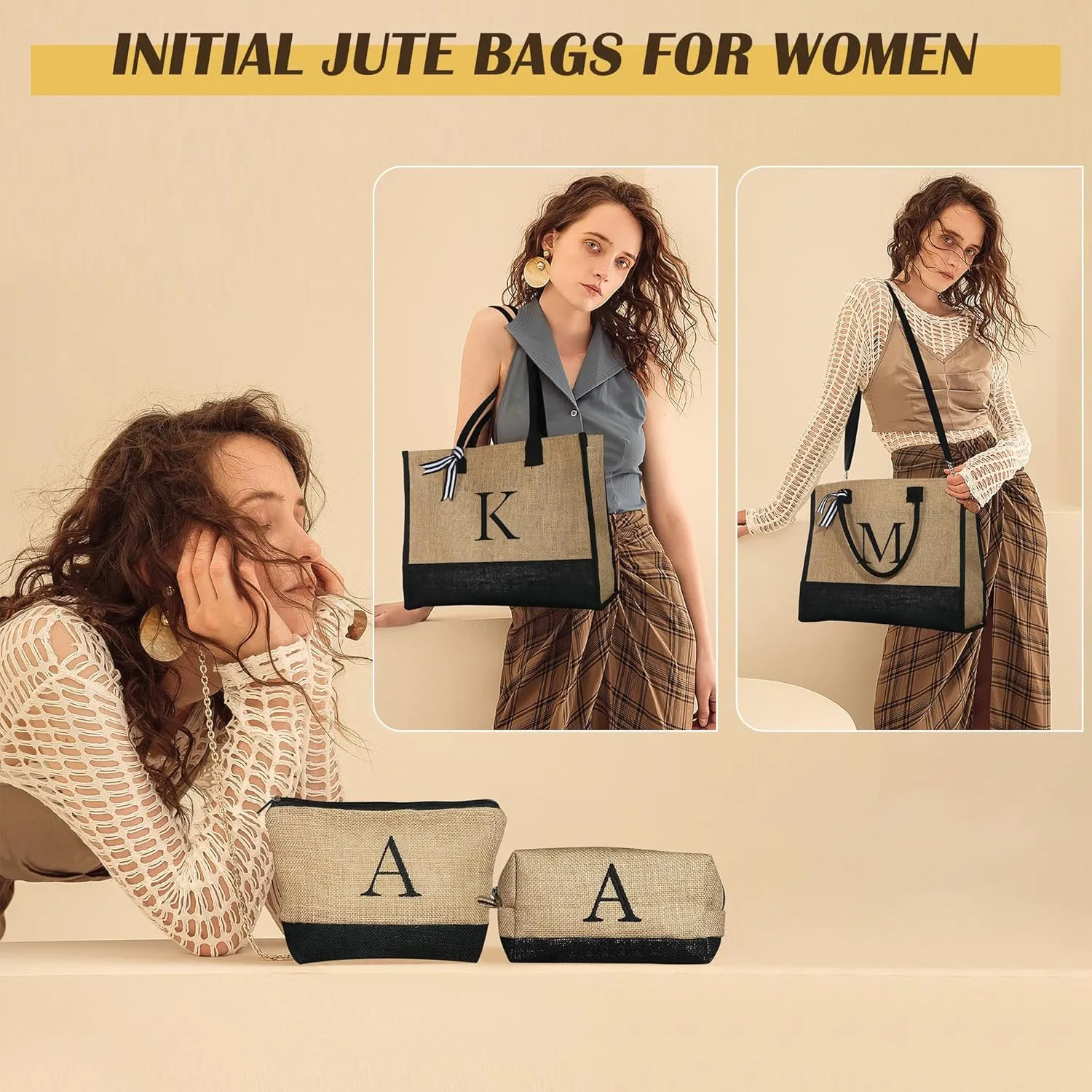 YOOLIFE Mothers Day Gifts - Initial Jute Tote Bag & 2 Makeup Bags Personalized Gifts for Women Teacher Mom Friend Birthday