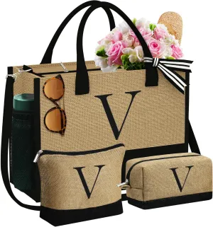 YOOLIFE Mothers Day Gifts - Initial Jute Tote Bag & 2 Makeup Bags Personalized Gifts for Women Teacher Mom Friend Birthday