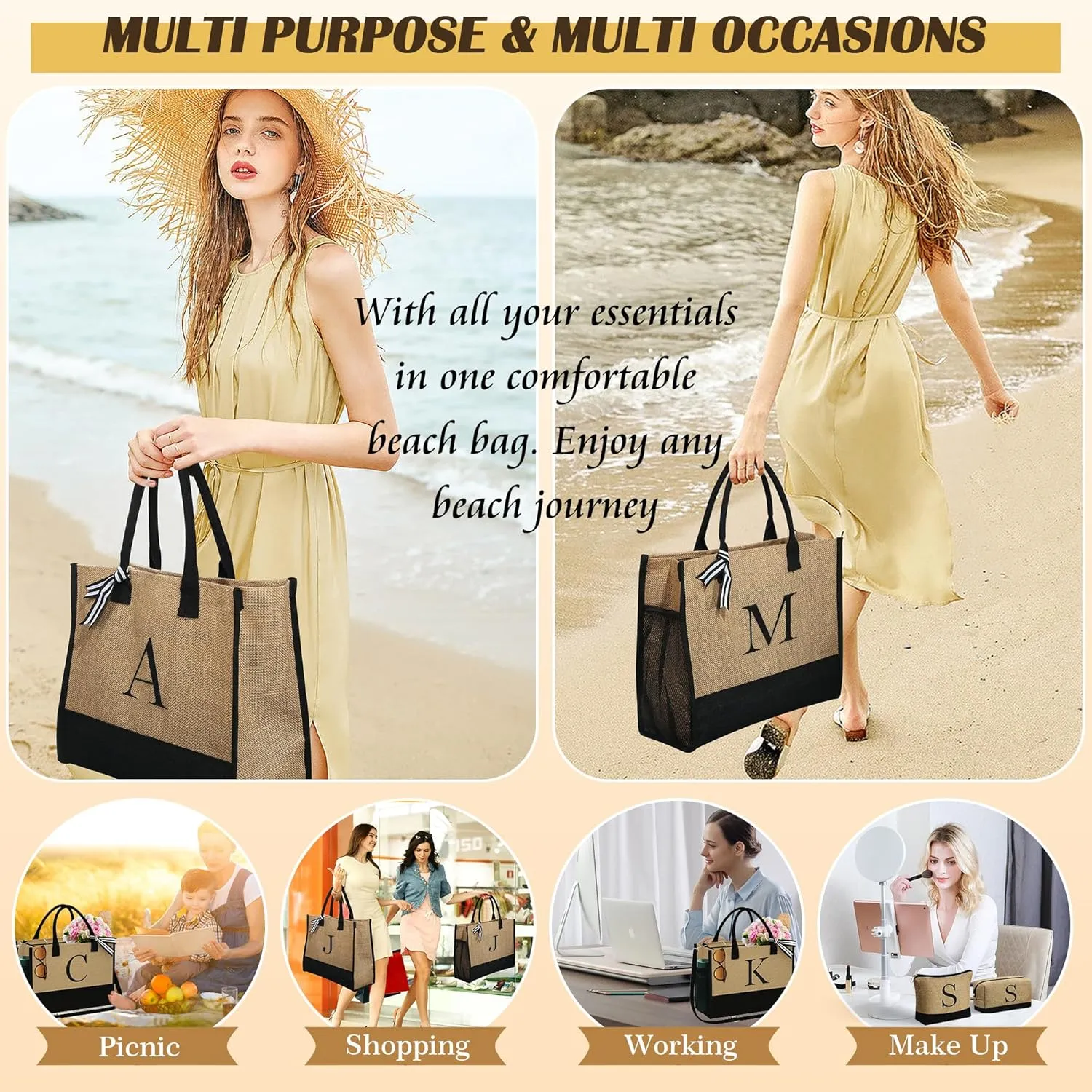 YOOLIFE Mothers Day Gifts - Initial Jute Tote Bag & 2 Makeup Bags Personalized Gifts for Women Teacher Mom Friend Birthday