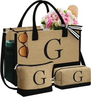 YOOLIFE Mothers Day Gifts - Initial Jute Tote Bag & 2 Makeup Bags Personalized Gifts for Women Teacher Mom Friend Birthday