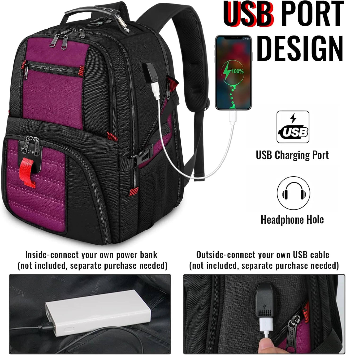 YOREPEK Travel Backpack, Extra Large 50L Laptop Backpacks for Men Women, Water Resistant College Backpack Airline Approved Business Work Bag with USB Charging Port Fits 17 Inch Computer, Purple