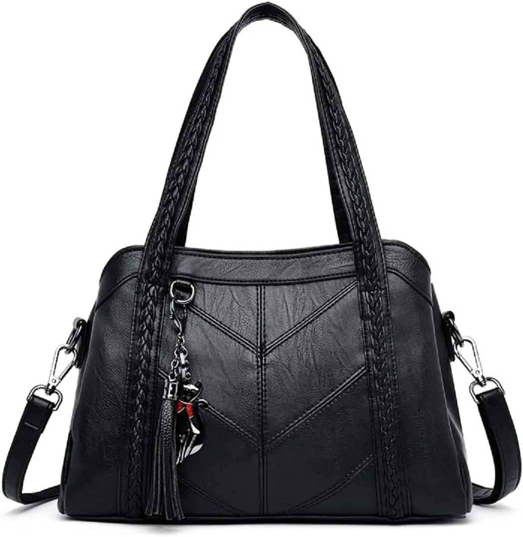 YOUNXS Women PU Leather Tote Shoulder Bag Big Capacity Tassel Handbag