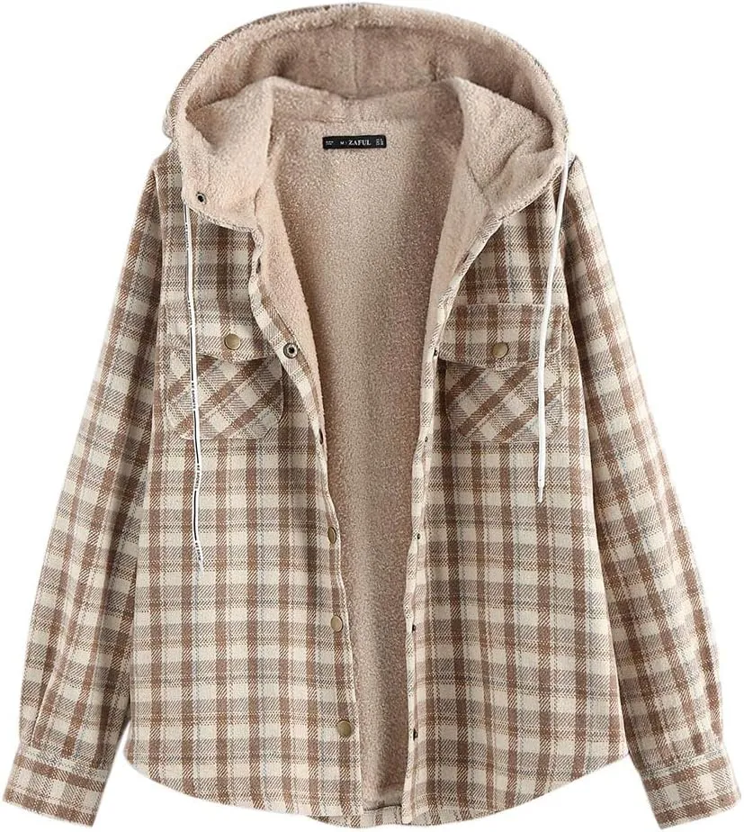 ZAFUL Women's Plaid Fleece Lined Hooded Jacket Button Up Oversized Fuzzy Coat Checkered Flannel Hoodie Jacket