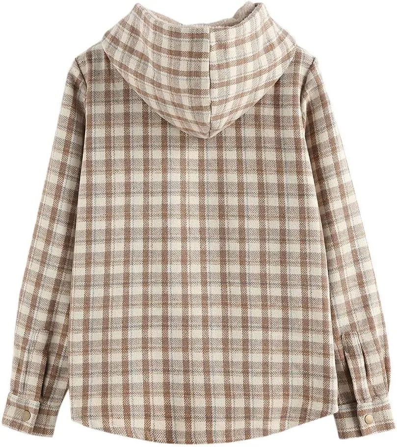 ZAFUL Women's Plaid Fleece Lined Hooded Jacket Button Up Oversized Fuzzy Coat Checkered Flannel Hoodie Jacket