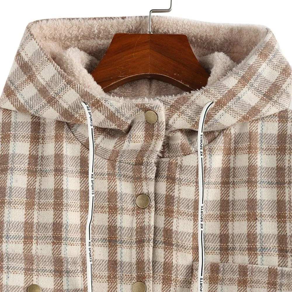 ZAFUL Women's Plaid Fleece Lined Hooded Jacket Button Up Oversized Fuzzy Coat Checkered Flannel Hoodie Jacket