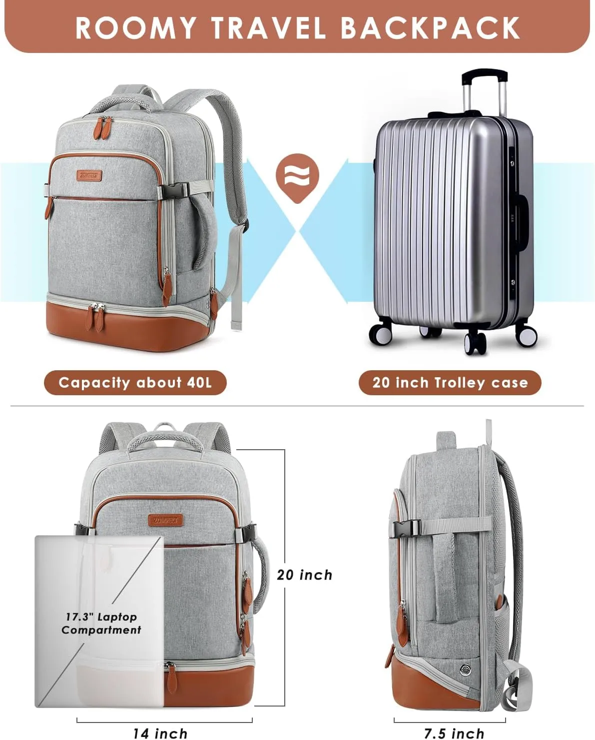 ZOMFELT Carry on Backpack, 40L Travel Backpack with Shoe Compartment, Flight Approved Weekender Backpack, Suitcase Backpacks for Travel, Water Resistant Luggage Daypack for Men & Women, Grey