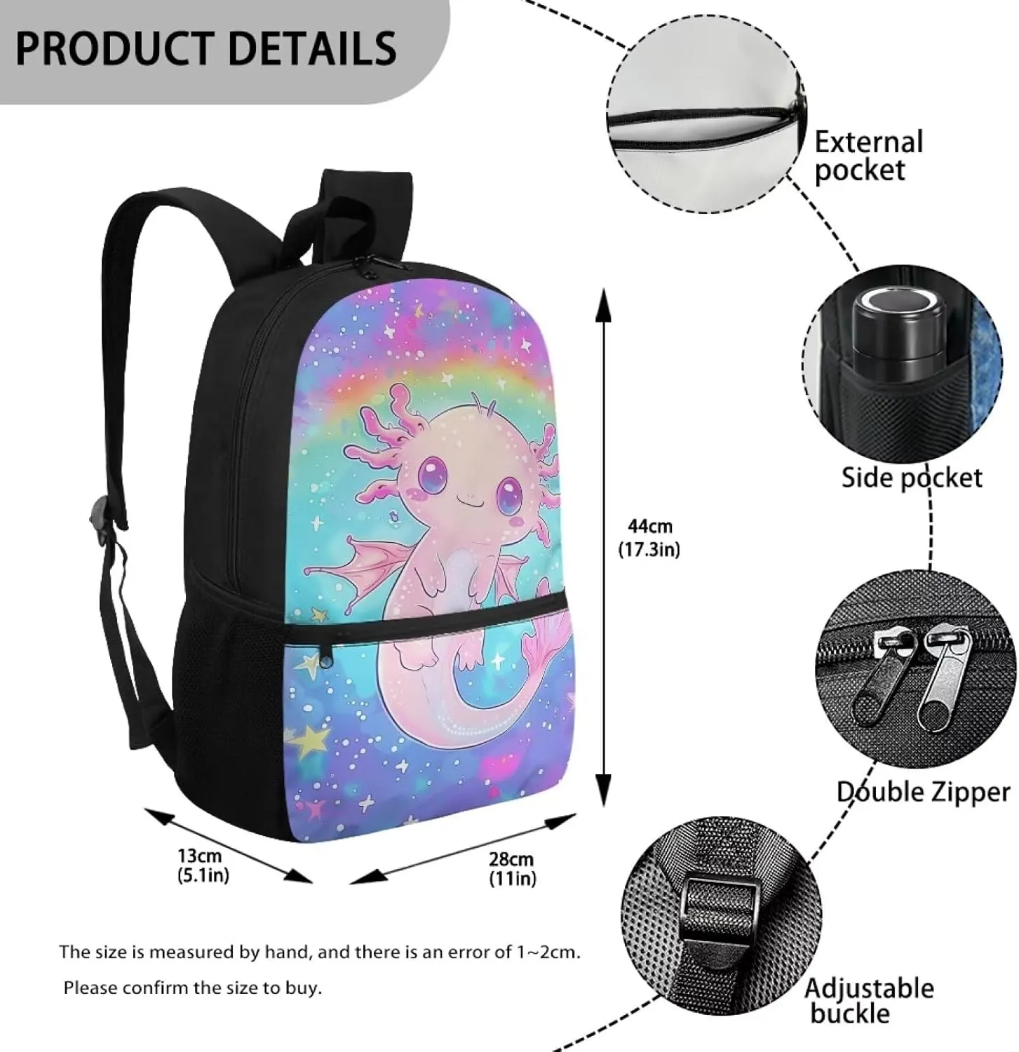 ZOUTAIRONG Axolotl Rainbow School Bag for 10 Years Olds Blue Ocean Backpack with Pocket for Kids Bookbag with Bottle Holder for Grade School Elementary School Book Bags with Zipper