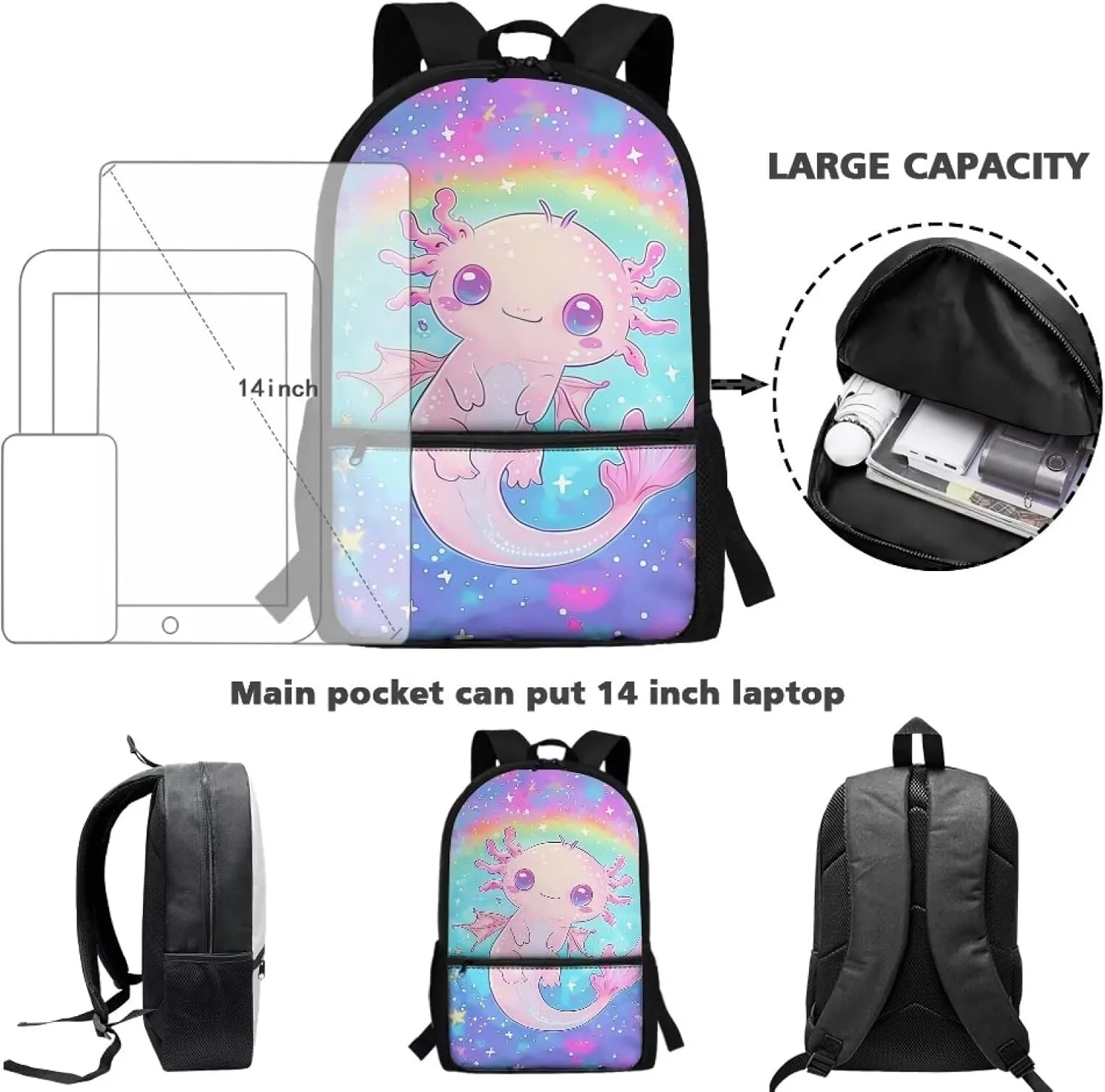 ZOUTAIRONG Axolotl Rainbow School Bag for 10 Years Olds Blue Ocean Backpack with Pocket for Kids Bookbag with Bottle Holder for Grade School Elementary School Book Bags with Zipper