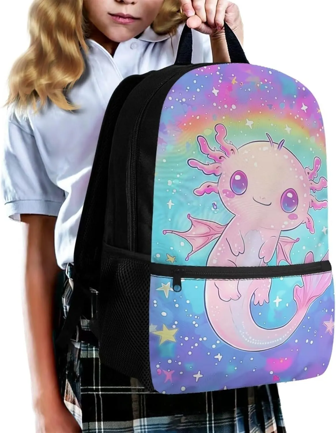 ZOUTAIRONG Axolotl Rainbow School Bag for 10 Years Olds Blue Ocean Backpack with Pocket for Kids Bookbag with Bottle Holder for Grade School Elementary School Book Bags with Zipper