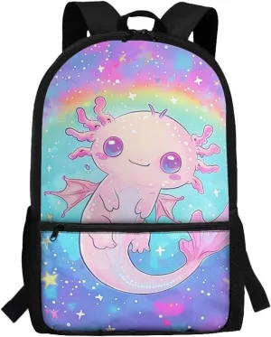 ZOUTAIRONG Axolotl Rainbow School Bag for 10 Years Olds Blue Ocean Backpack with Pocket for Kids Bookbag with Bottle Holder for Grade School Elementary School Book Bags with Zipper