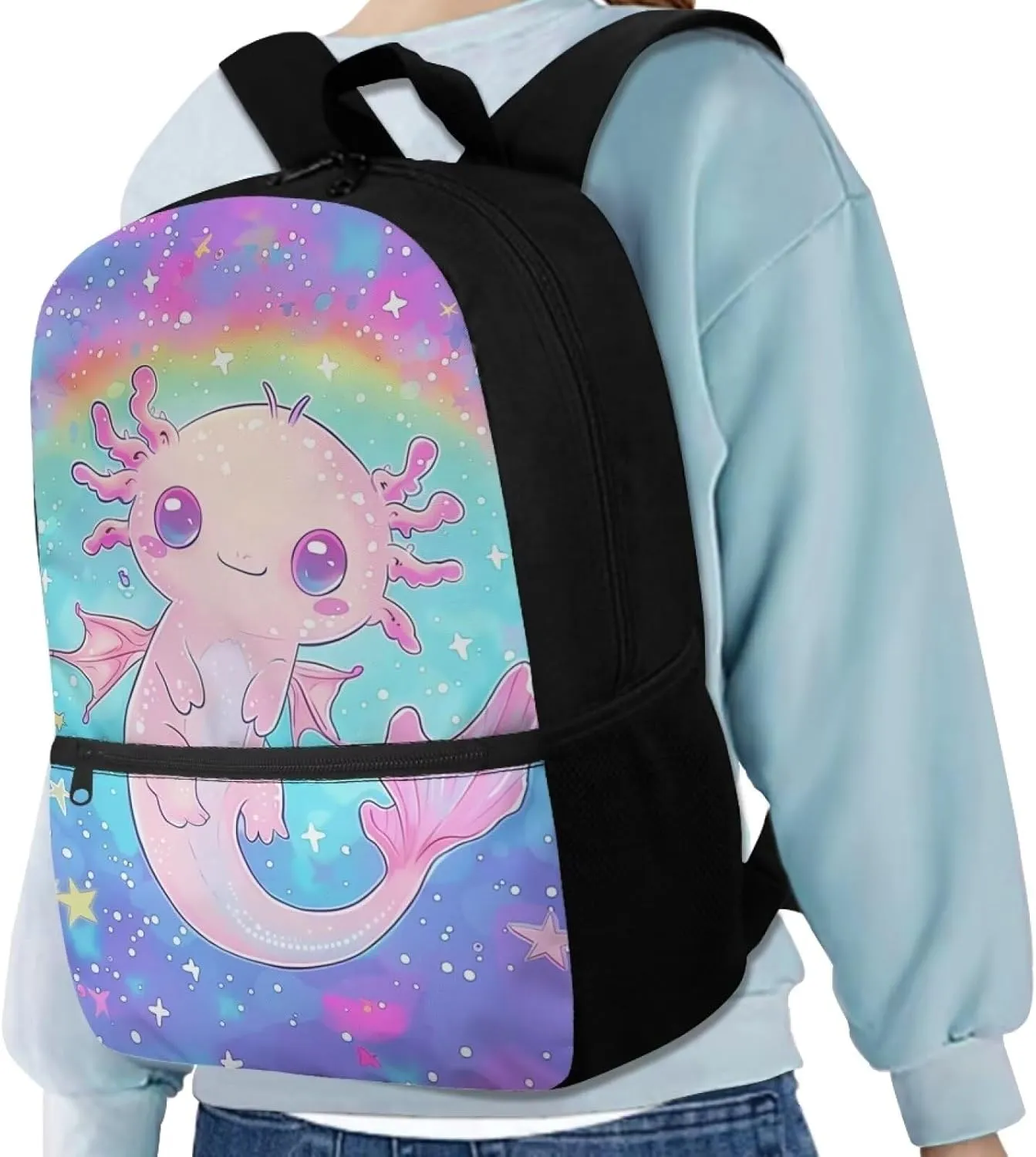 ZOUTAIRONG Axolotl Rainbow School Bag for 10 Years Olds Blue Ocean Backpack with Pocket for Kids Bookbag with Bottle Holder for Grade School Elementary School Book Bags with Zipper